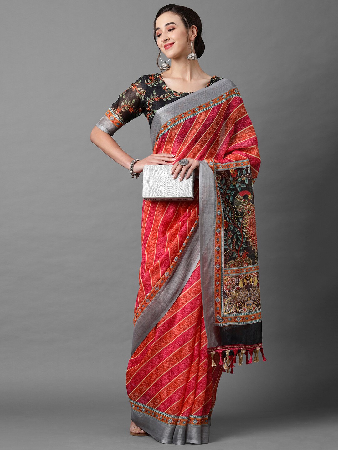 

Mitera Orange & Black Bandhani Linen Blend Saree