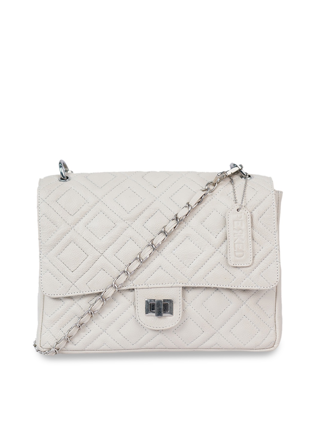 

PERKED White Textured Leather Structured Sling Bag with Quilted