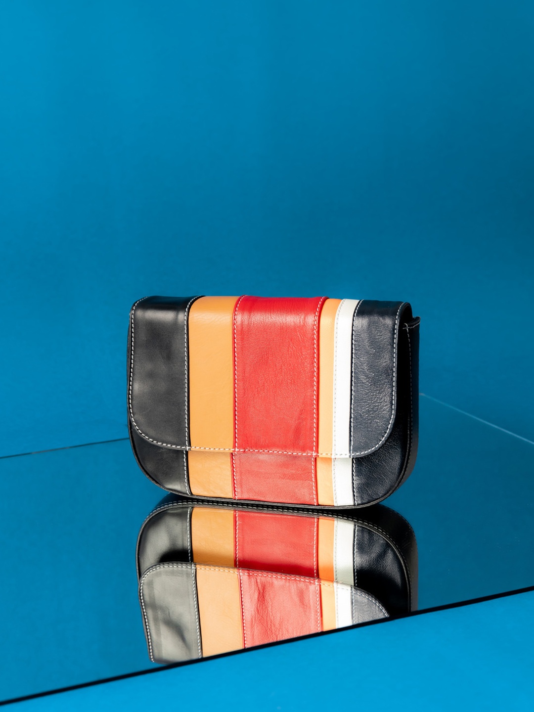 

PERKED Red & Black Striped Leather Structured Sling Bag