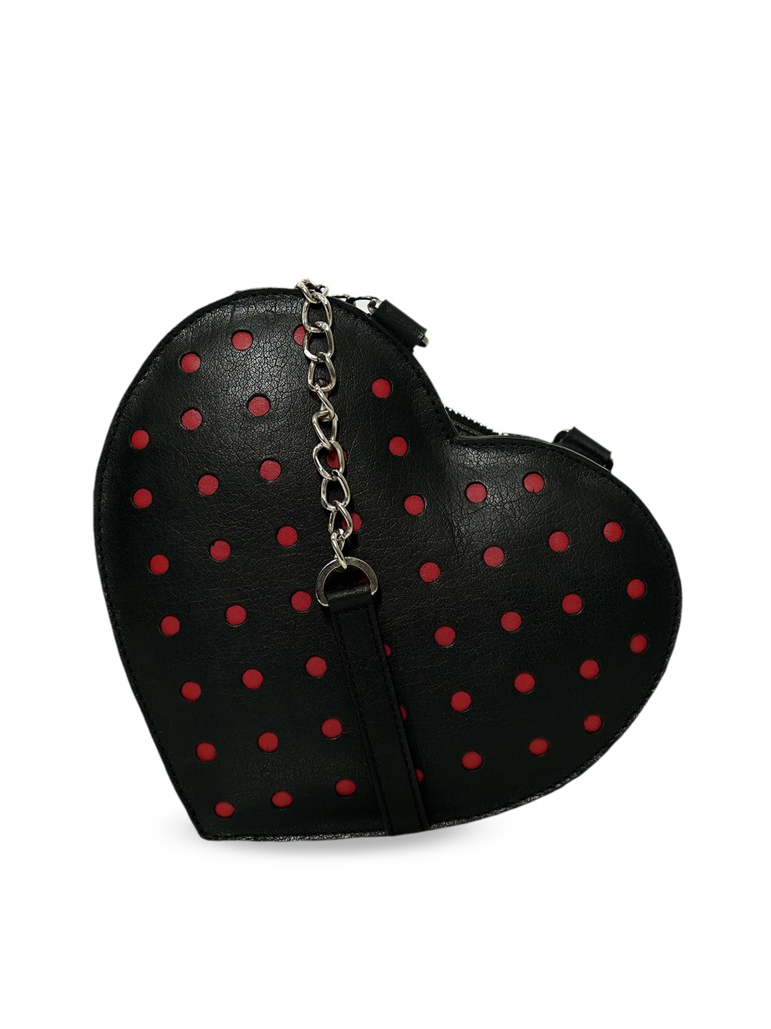 

PERKED Black & Red Leather Heart Shaped Sling Bag