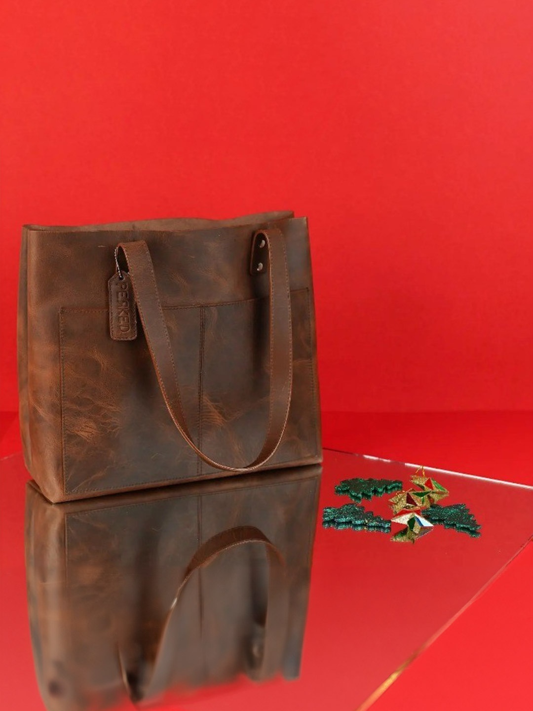 

PERKED Brown Leather Structured Tote Bag