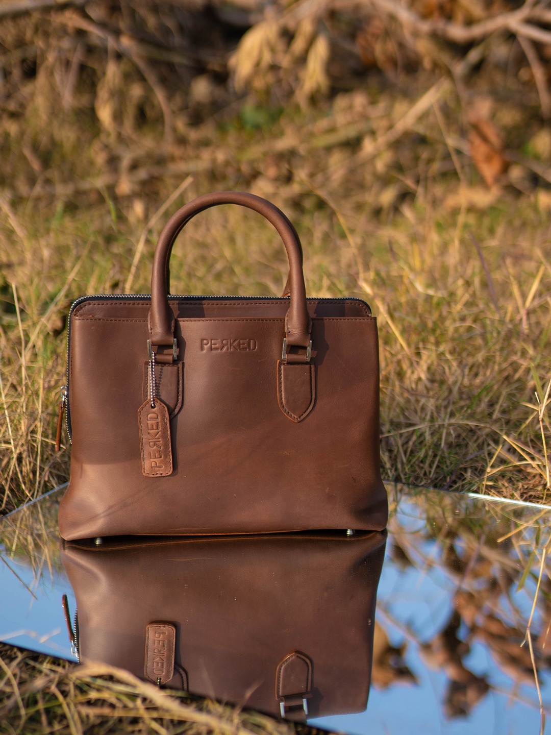 

PERKED Brown Leather Structured Handheld Bag