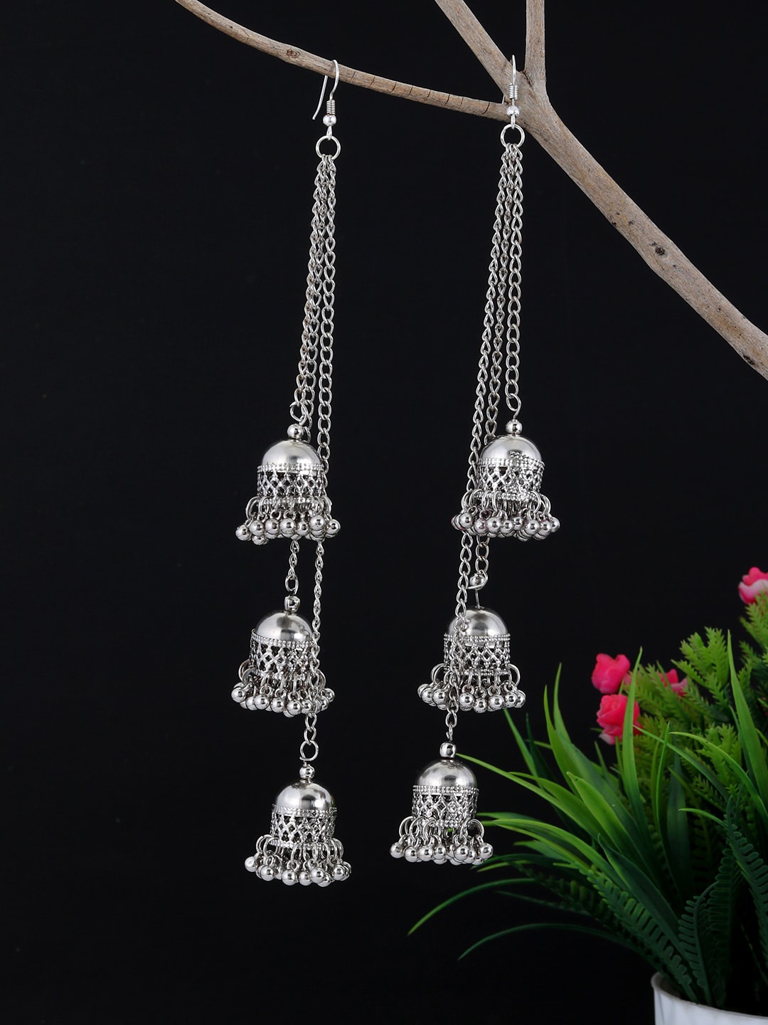 

Silvermerc Designs Silver-Toned Contemporary Jhumkas Earrings