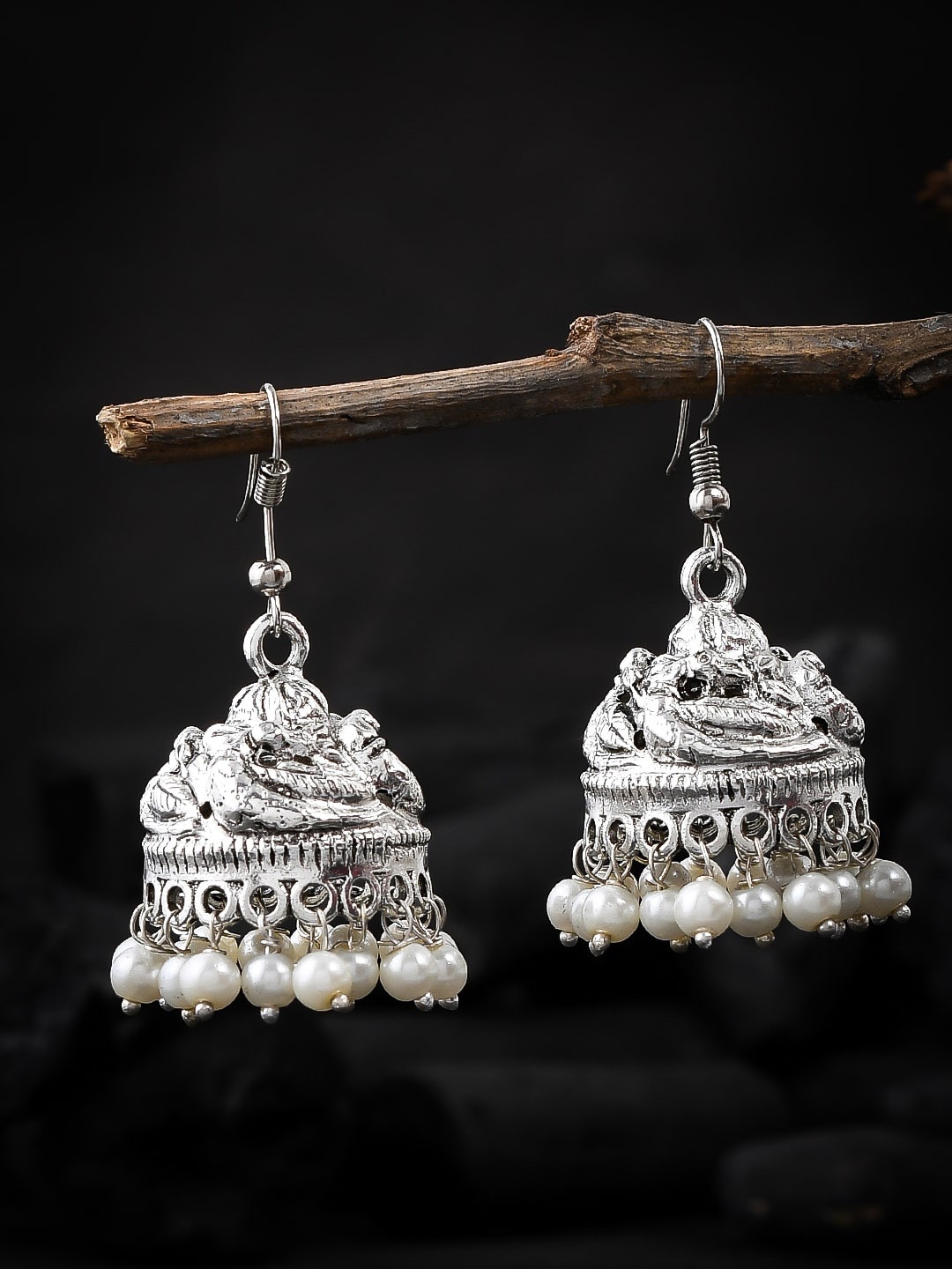 

Silvermerc Designs Oxidized Silver-Plated Contemporary Pearls Beaded Jhumkas Earrings