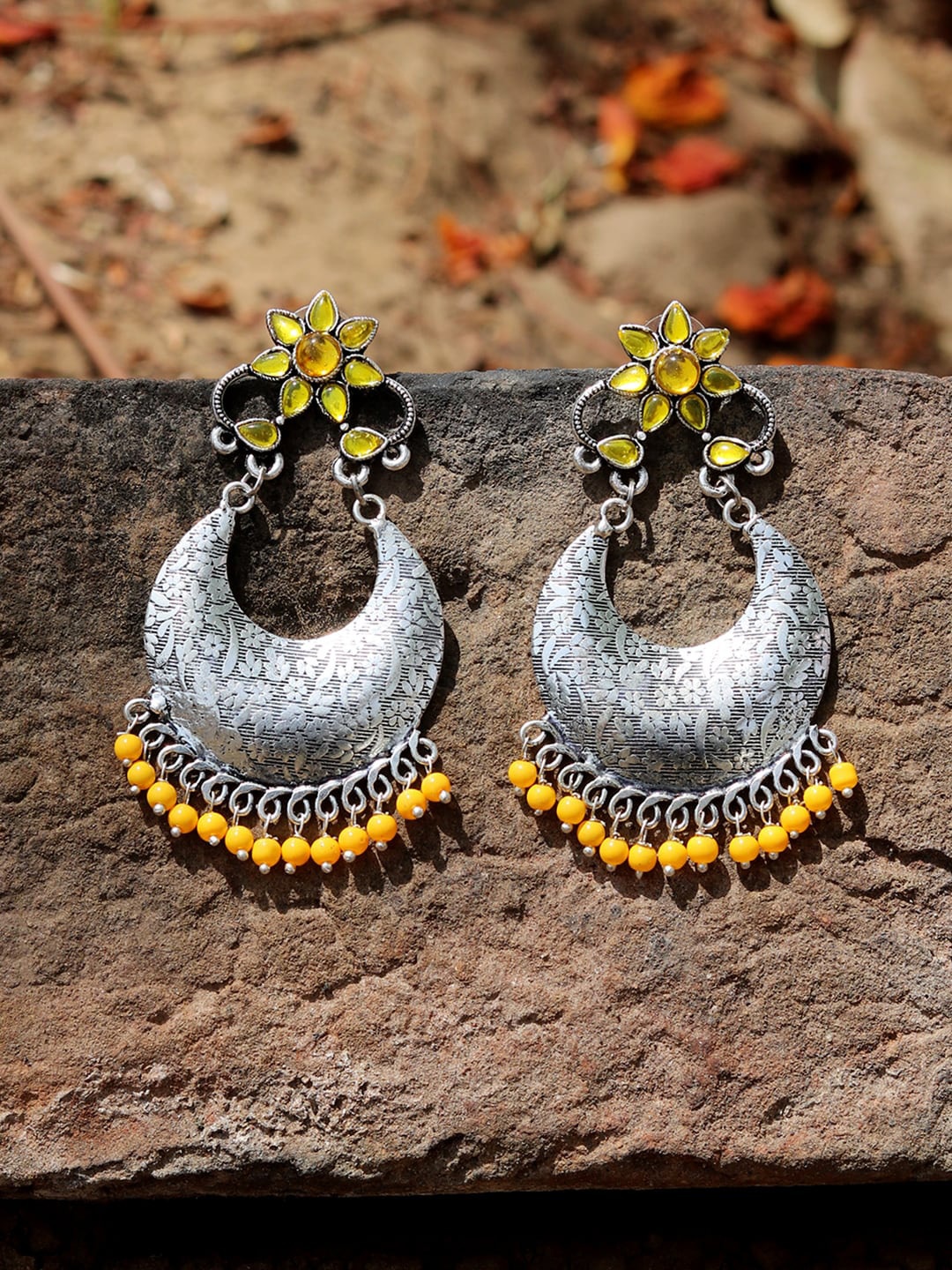 

Silvermerc Designs Silver-Toned & Yellow Contemporary Chandbalis Earrings