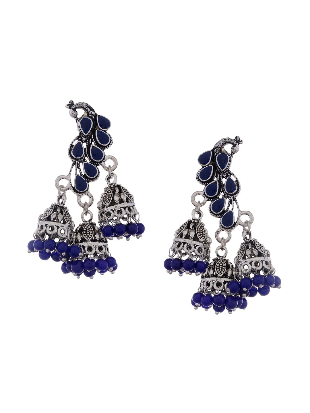 

Silvermerc Designs Silver-Plated Blue Beaded Peacock Shaped Jhumkas Earrings
