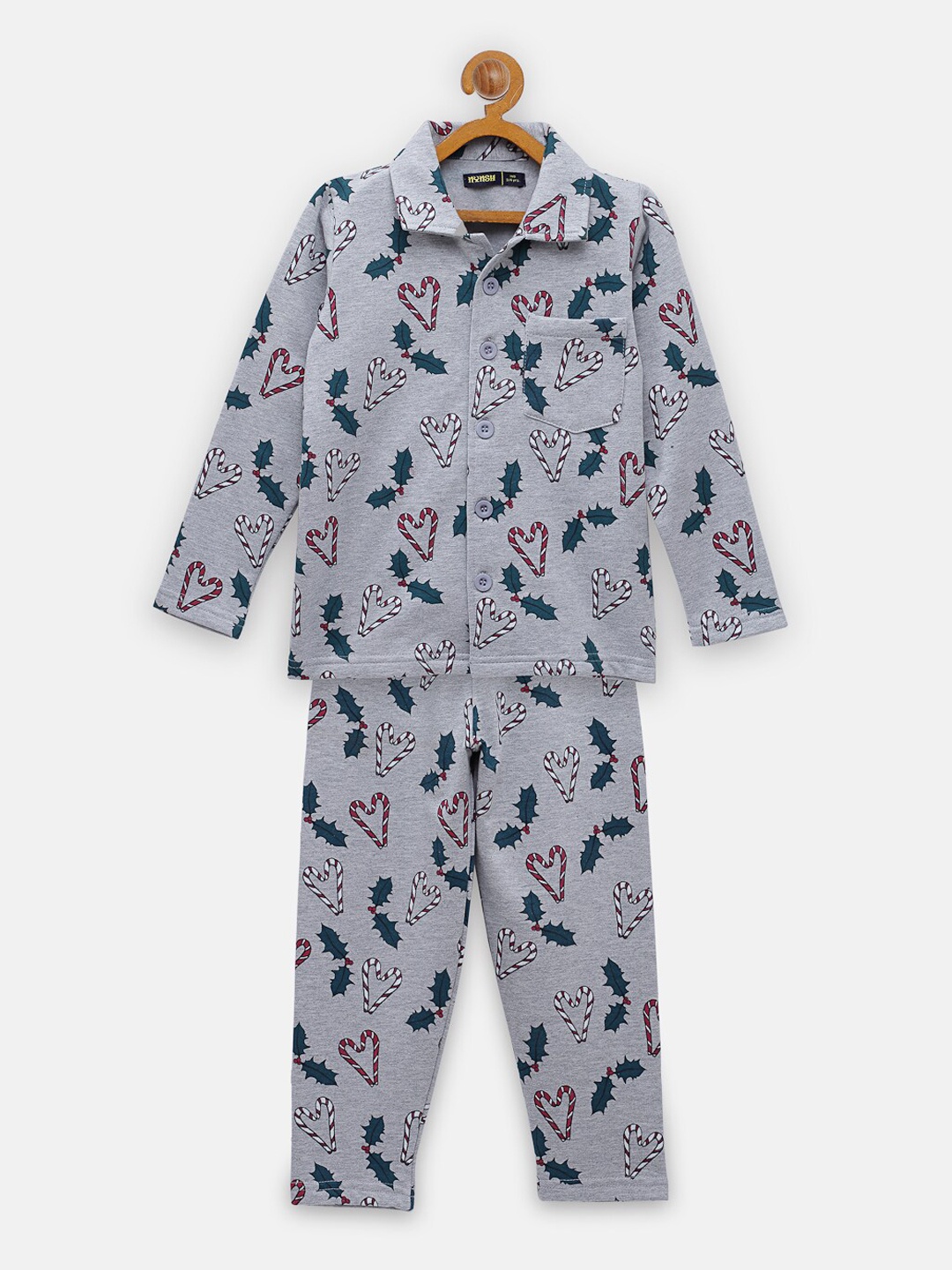 

NYNSH- PlusS Kids Boys Grey & Red Printed Christmas Pure Cotton Night suit