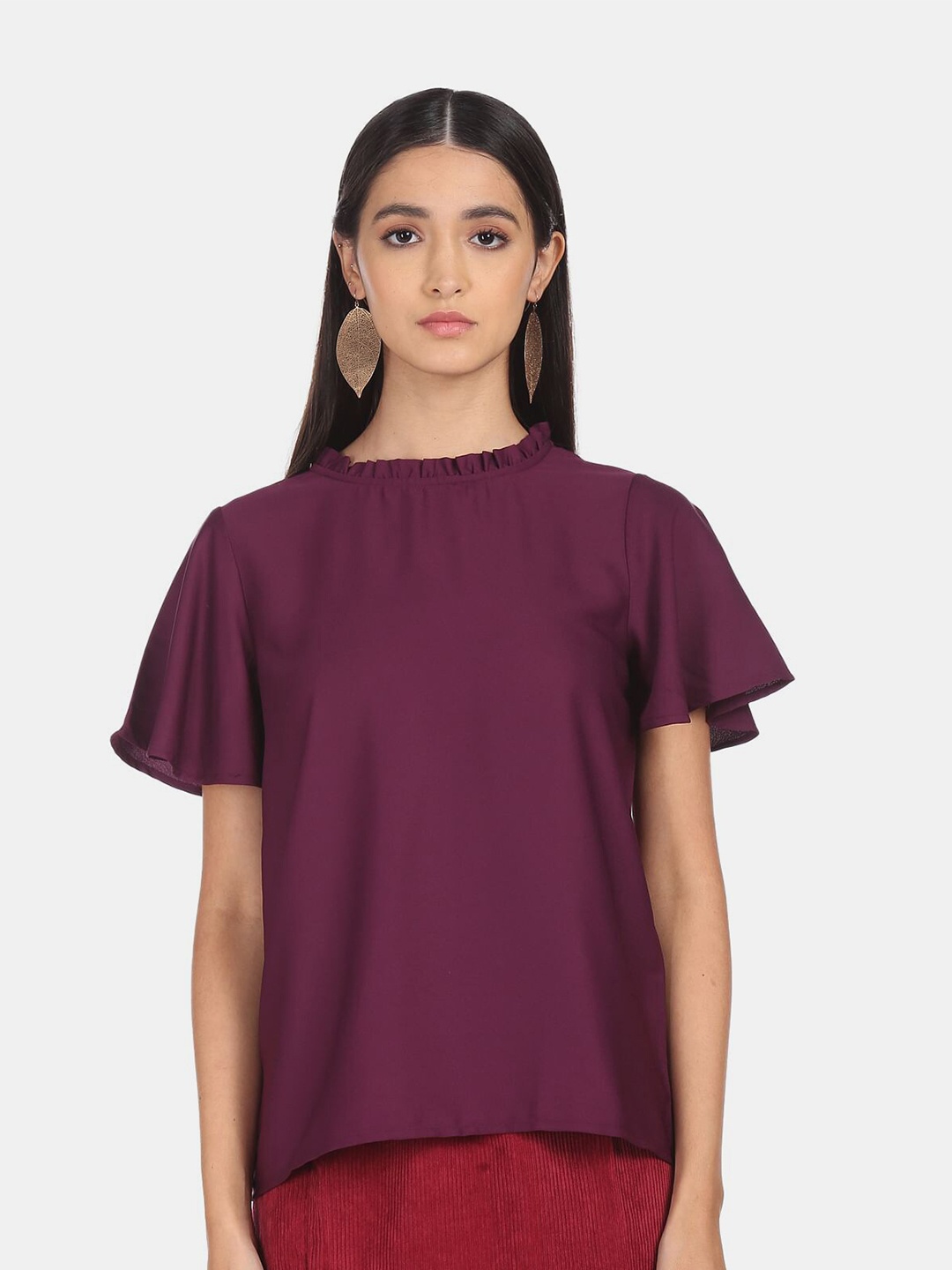 

SHFFL Burgundy Ruffled Neck Flared Sleeve Top