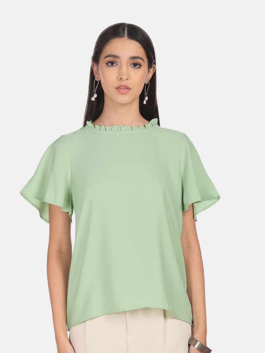 

SHFFL Women Mint Green Solid Ruffled Flared Sleeves Top