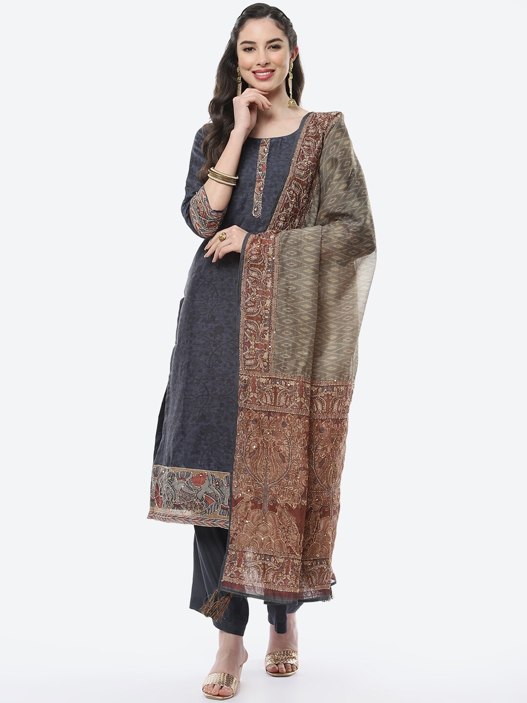 

Meena Bazaar Navy Blue & Brown Embroidered Unstitched Dress Material