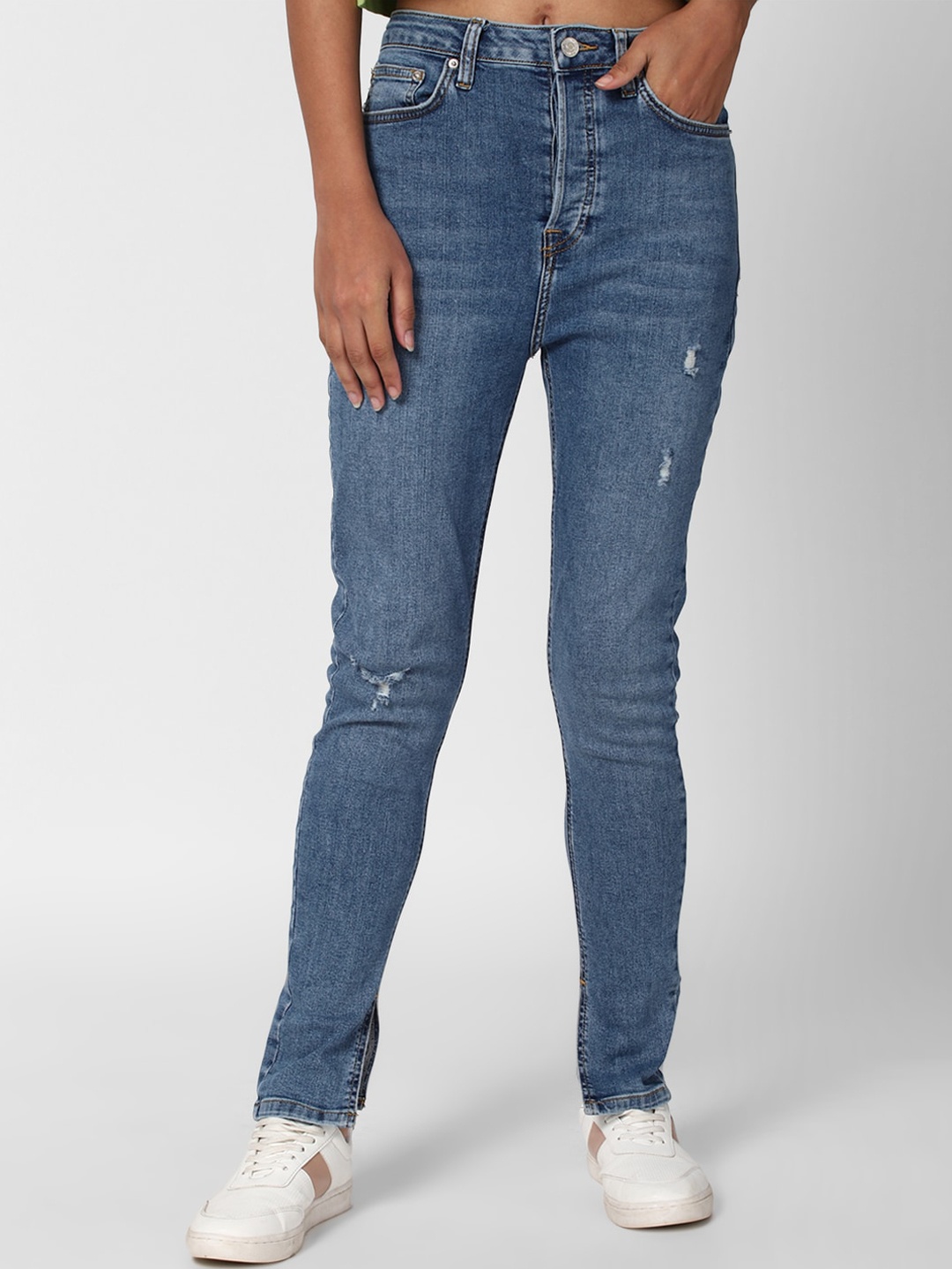 

FOREVER 21 Women Blue Skinny Fit Low Distress Light Fade Jeans