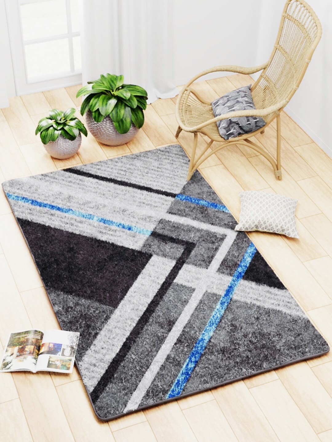 

BIANCA Blue Printed Carpet With Non-Slip Rubber Backing, Grey