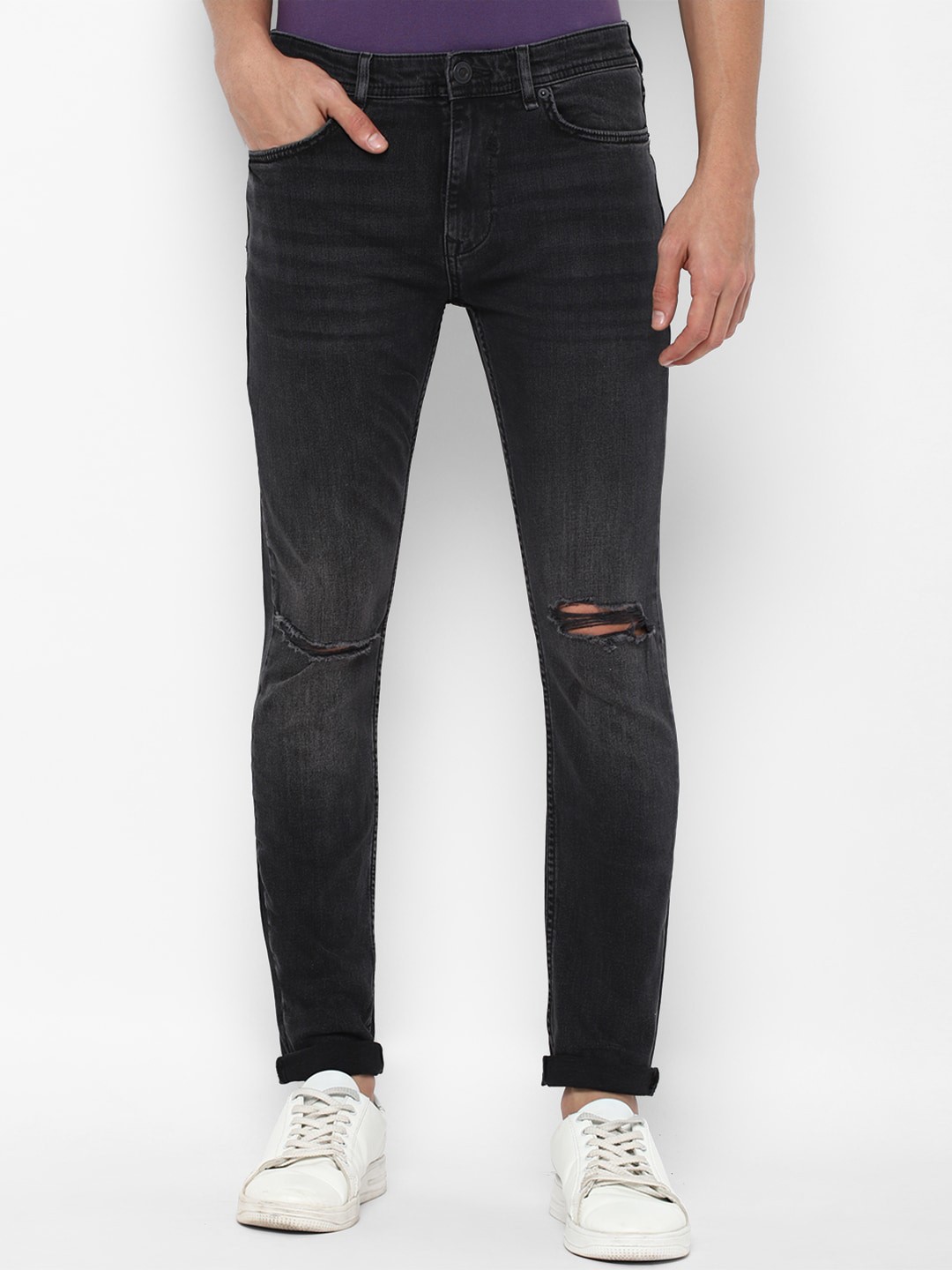 

FOREVER 21 Men Black Slash Knee Light Fade Slim-Fit Jeans