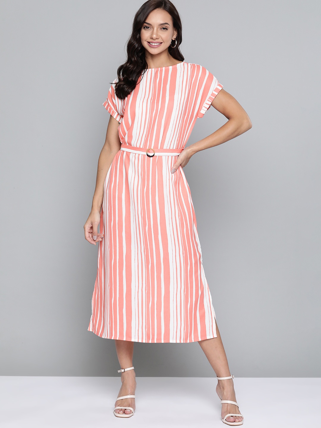 

Mast & Harbour Women Pink & White Striped A-Line Midi Dress Comes With a Belt