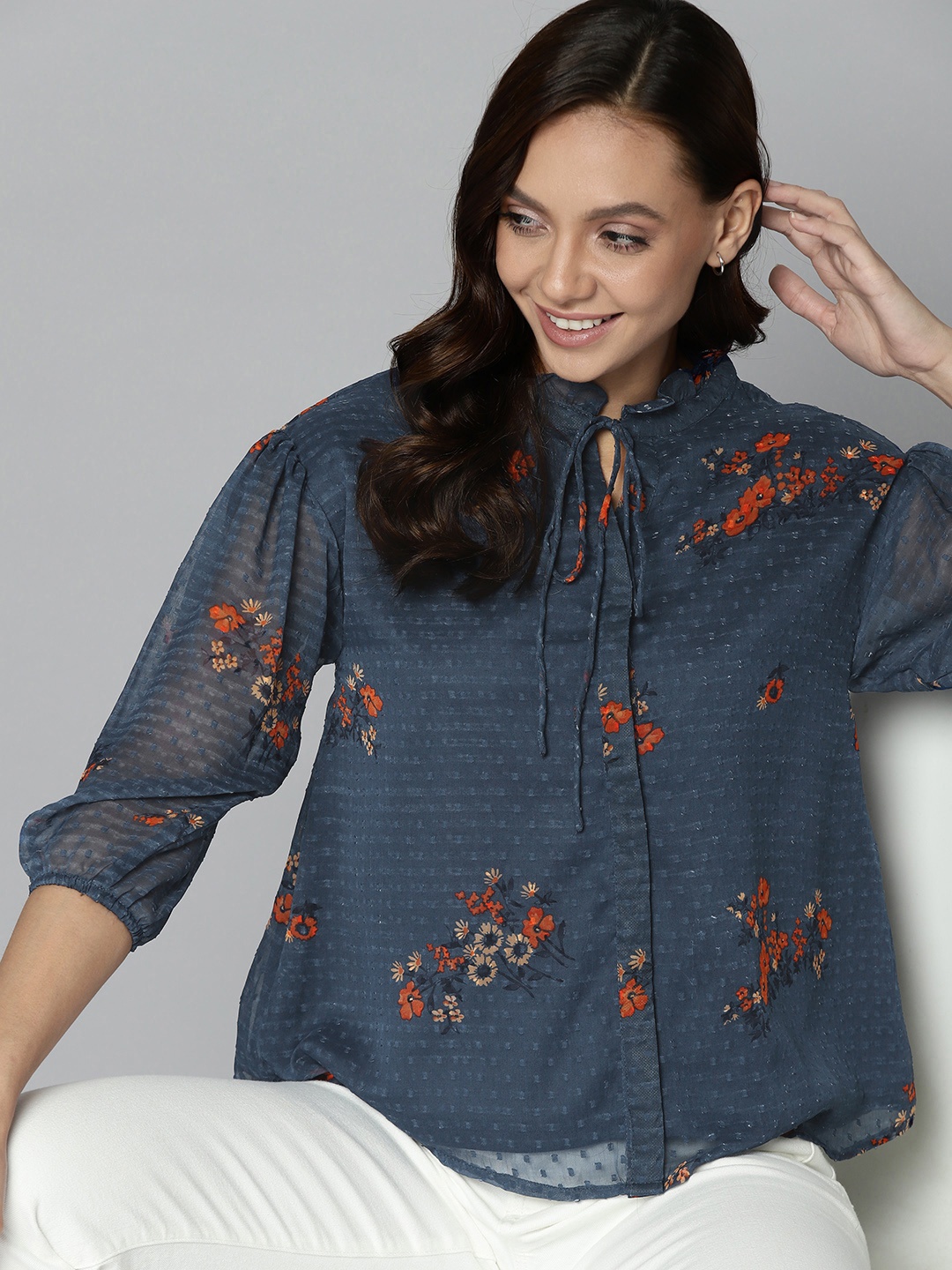 

Mast & Harbour Navy Blue Floral Print Tie-Up Neck Shirt Style Top