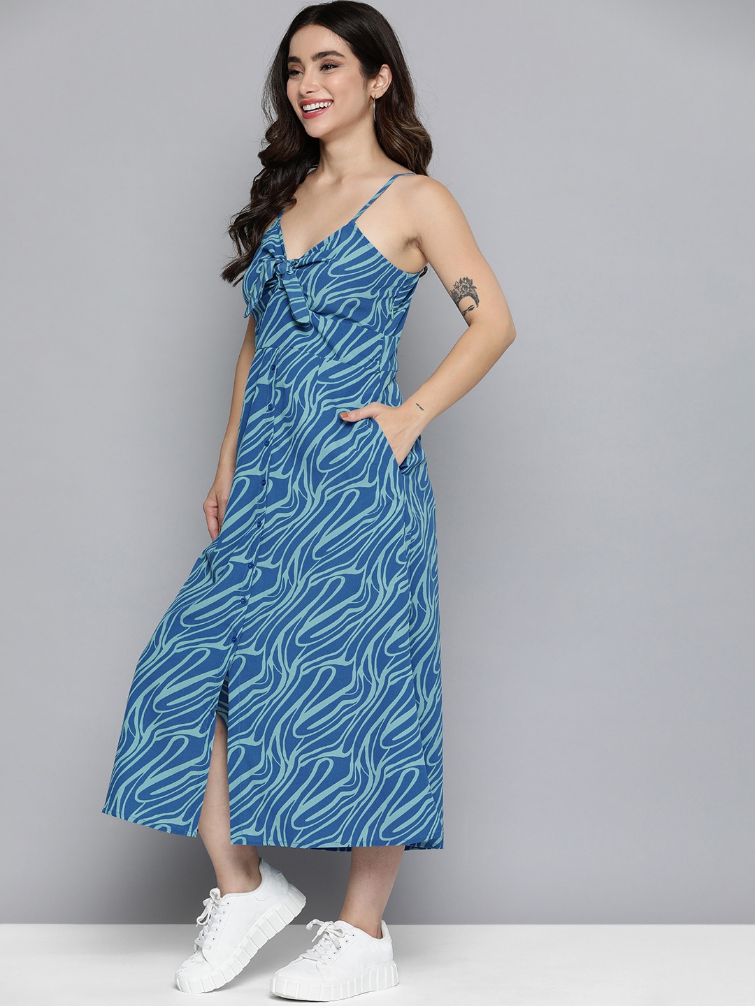 

Mast & Harbour Blue A-Line Midi Dress with Tie-Up