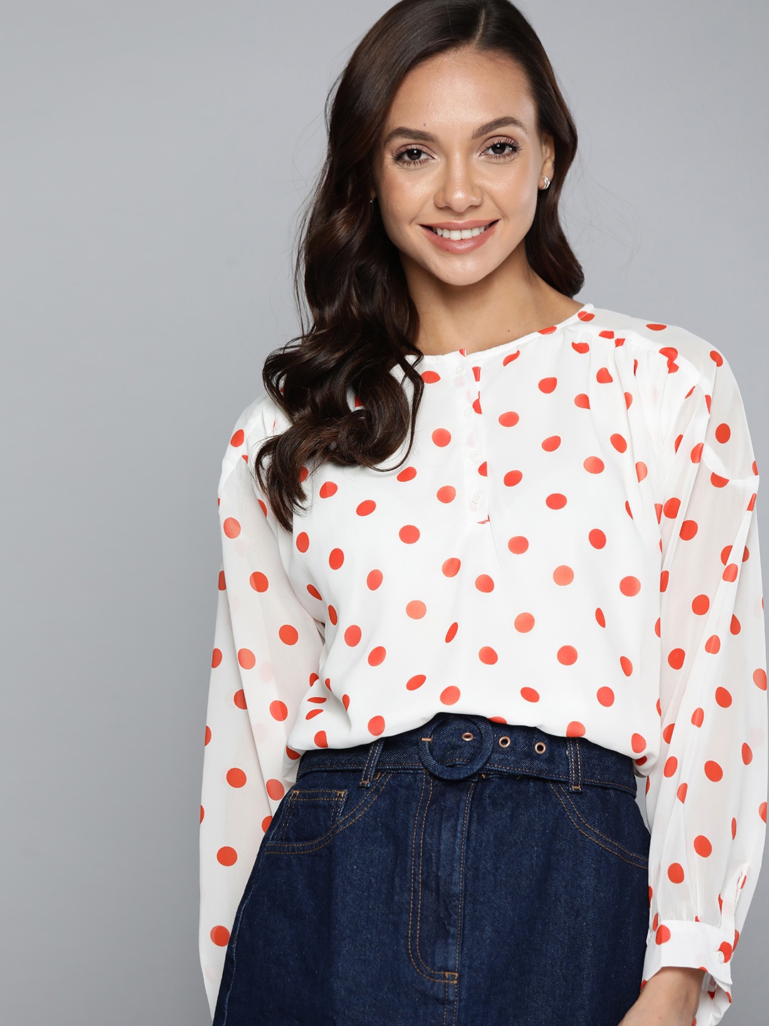 

Mast & Harbour Women White & Orange Polka Dot Print Shirt Style Top