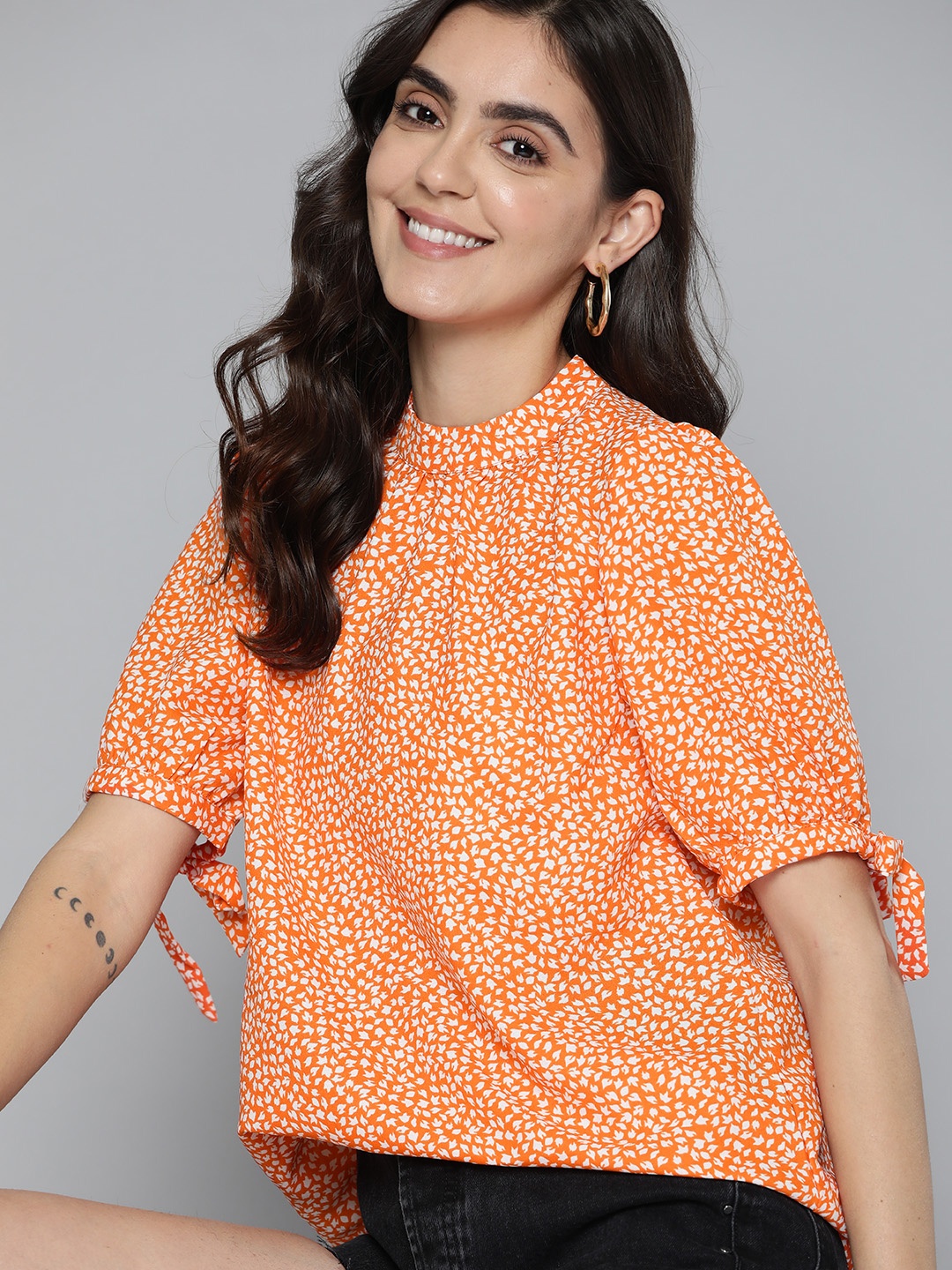 

Mast & Harbour Orange & White Printed Mandarin Collar Top