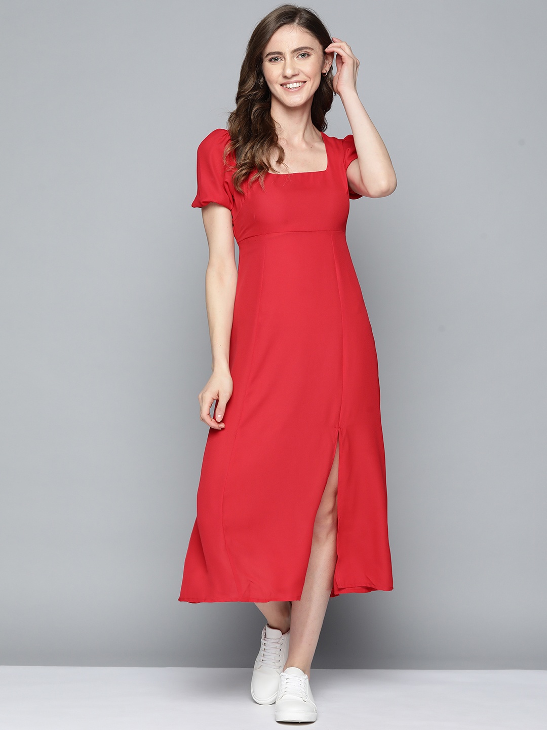 

Mast & Harbour Red Solid Puff Sleeves Front Slit Detail A-Line Midi Dress