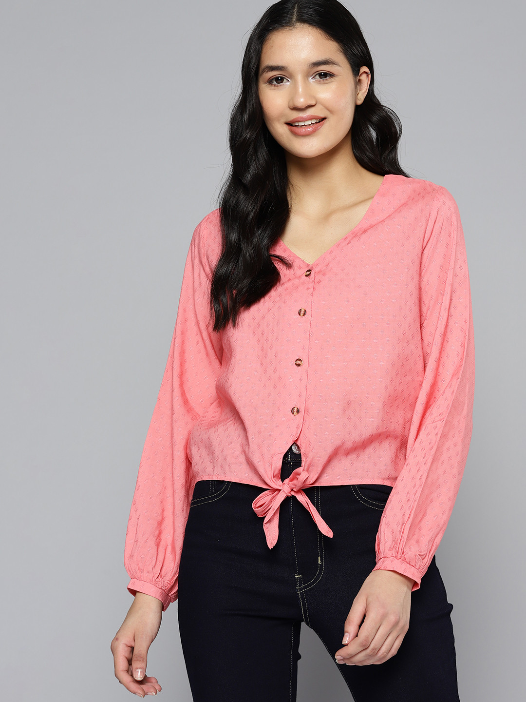 

Mast & Harbour Pure Cotton V-Neck Shirt Style Top With Knot Detail, Pink