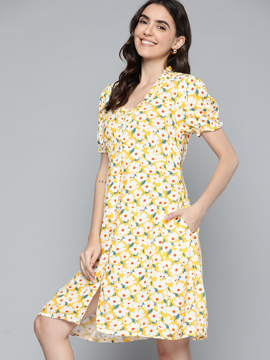 

Mast & Harbour Women White & Yellow Floral A-Line Dress