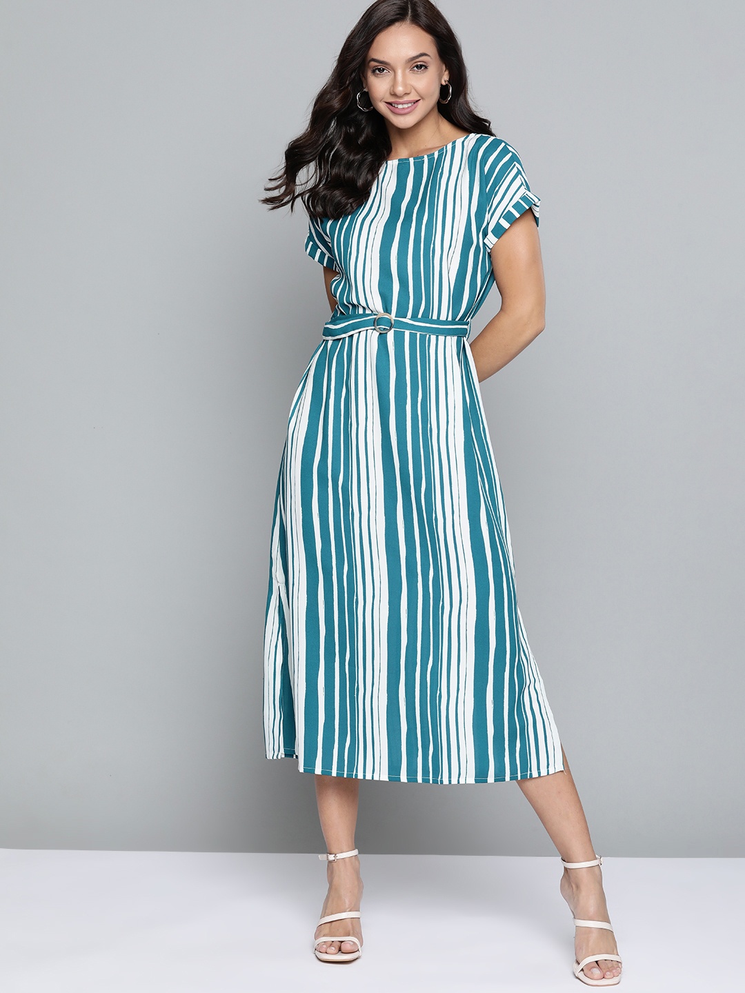 

Mast & Harbour Women Teal Blue & White Striped A-Line Midi Dress Comes With a Belt