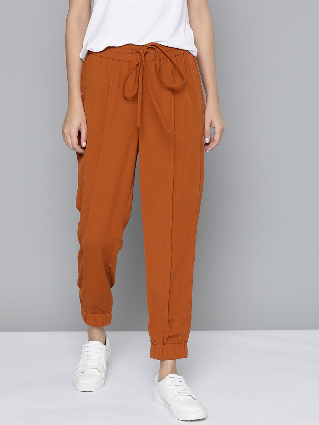 

Mast & Harbour Women Rust Orange Solid Pleated Joggers