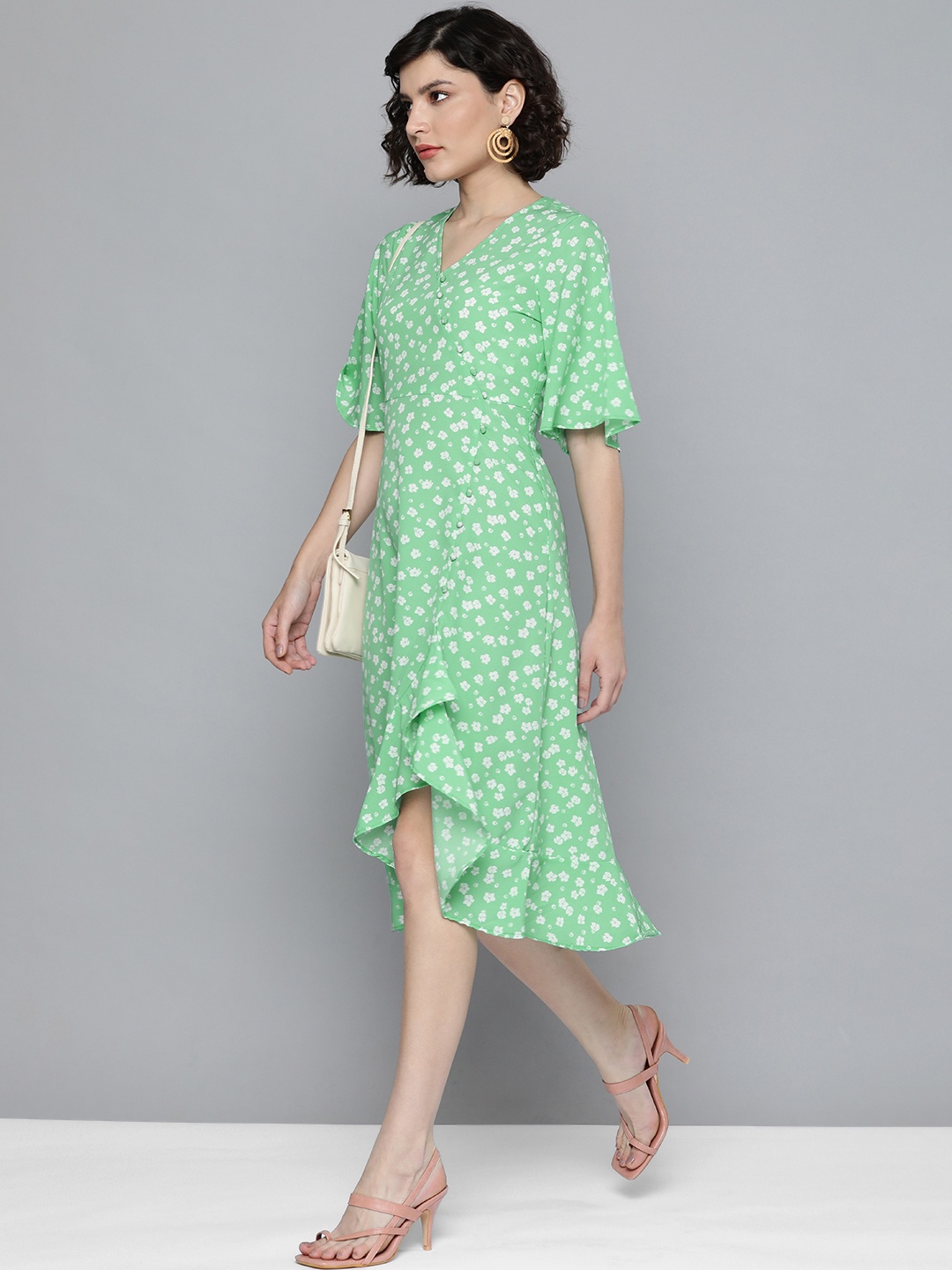 

Mast & Harbour Green & White Floral Print V-Neck Flared Sleeves Ruffles Wrap Midi Dress