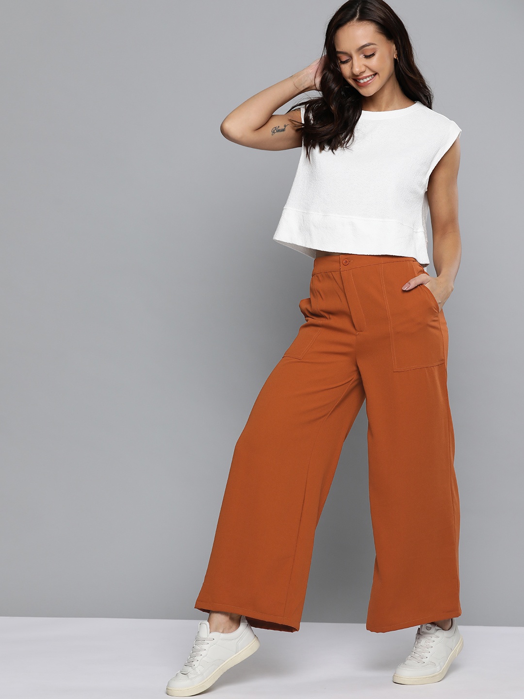 

Mast & Harbour Women Rust Orange Solid Parallel Trousers