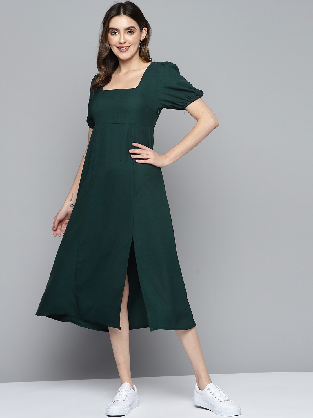

Mast & Harbour Puff Sleeves Midi Dress, Green
