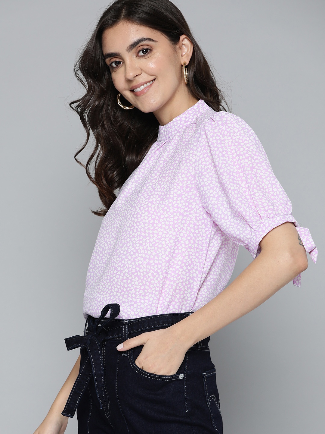 

Mast & Harbour Lavender & White Print Mandarin Collar Top