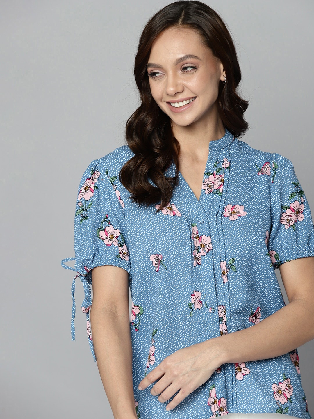 

Mast & Harbour Blue Floral Print Mandarin Collar Shirt Style Top