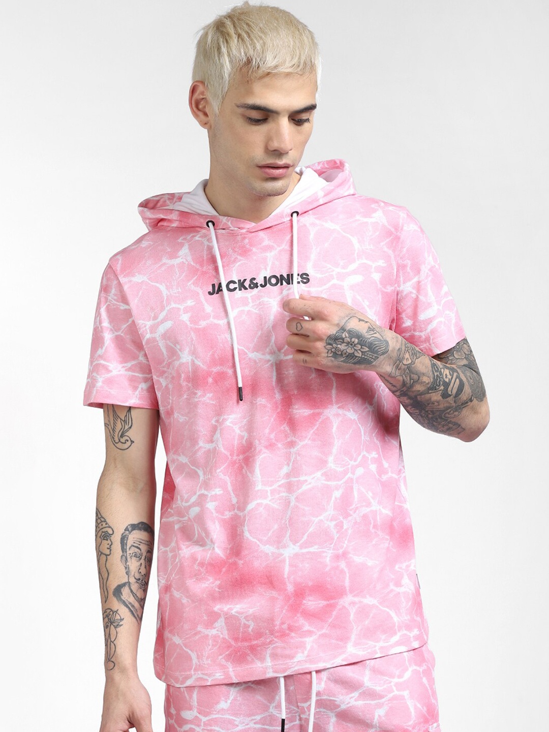 

Jack & Jones Men Pink & White Printed Hooded Cotton Sweatshirt