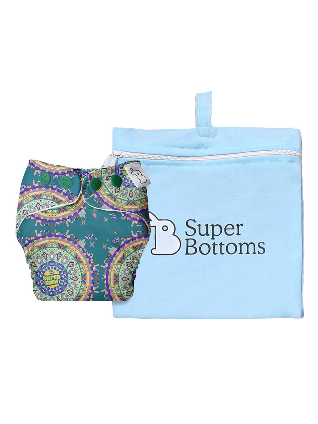 

SuperBottoms Kids Teal Green & Yellow UNO Trim Cloth Sustainable Diaper With Easy Snap Technology