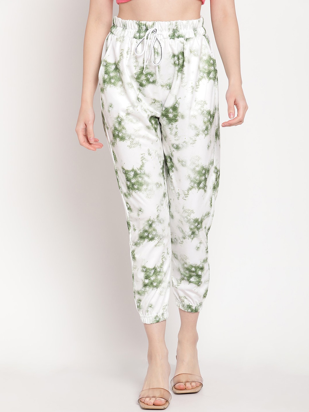 

TAG 7 Women White & Green Tie & Dye Regular-Fit Smart Joggers