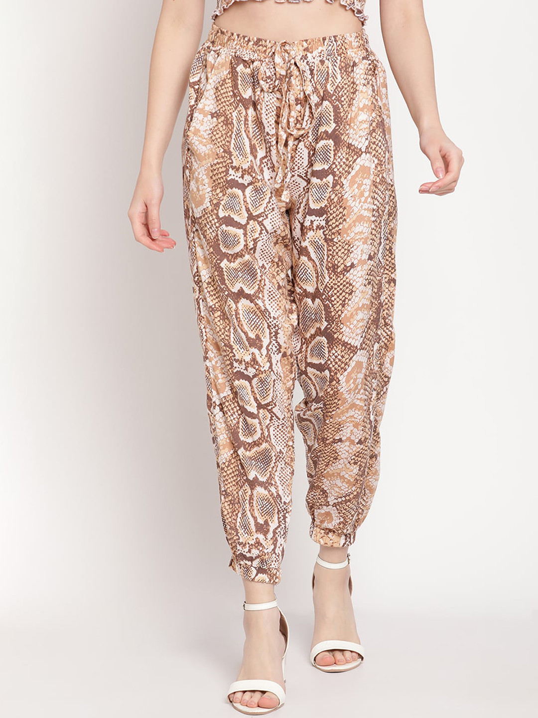 

TAG 7 Women Beige Snake Printed Pleated Joggers Trousers