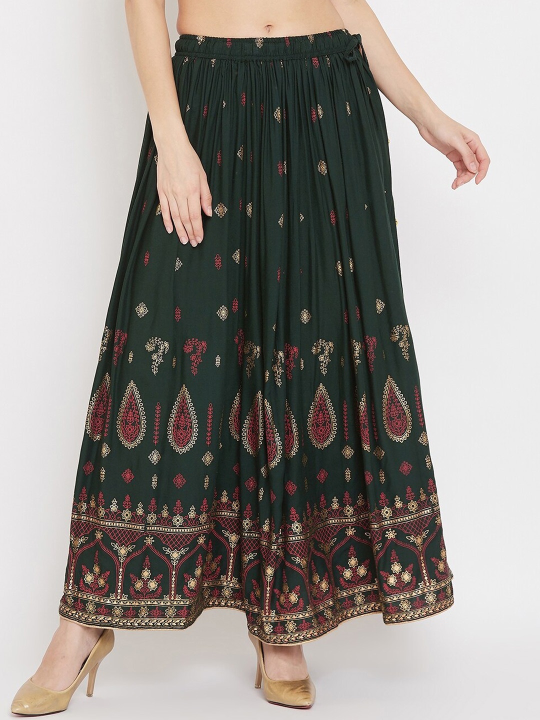 

Clora Creation Women Green & Gold-Coloured Printed Flared Maxi Skirt