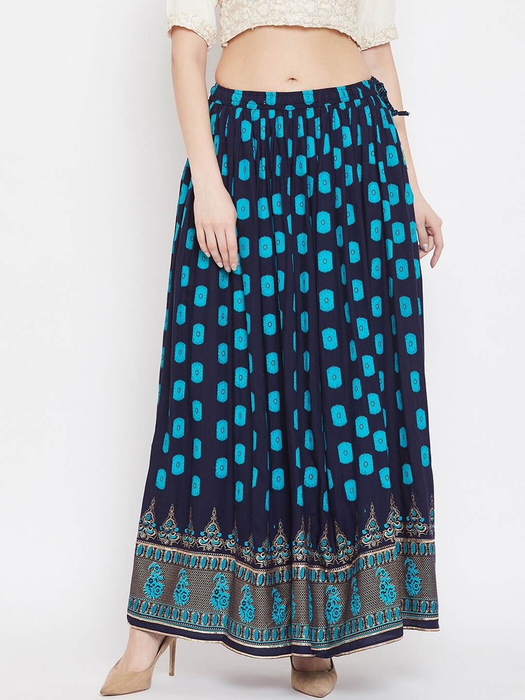 

Clora Creation Navy Blue Printed Flared Maxi Skirt
