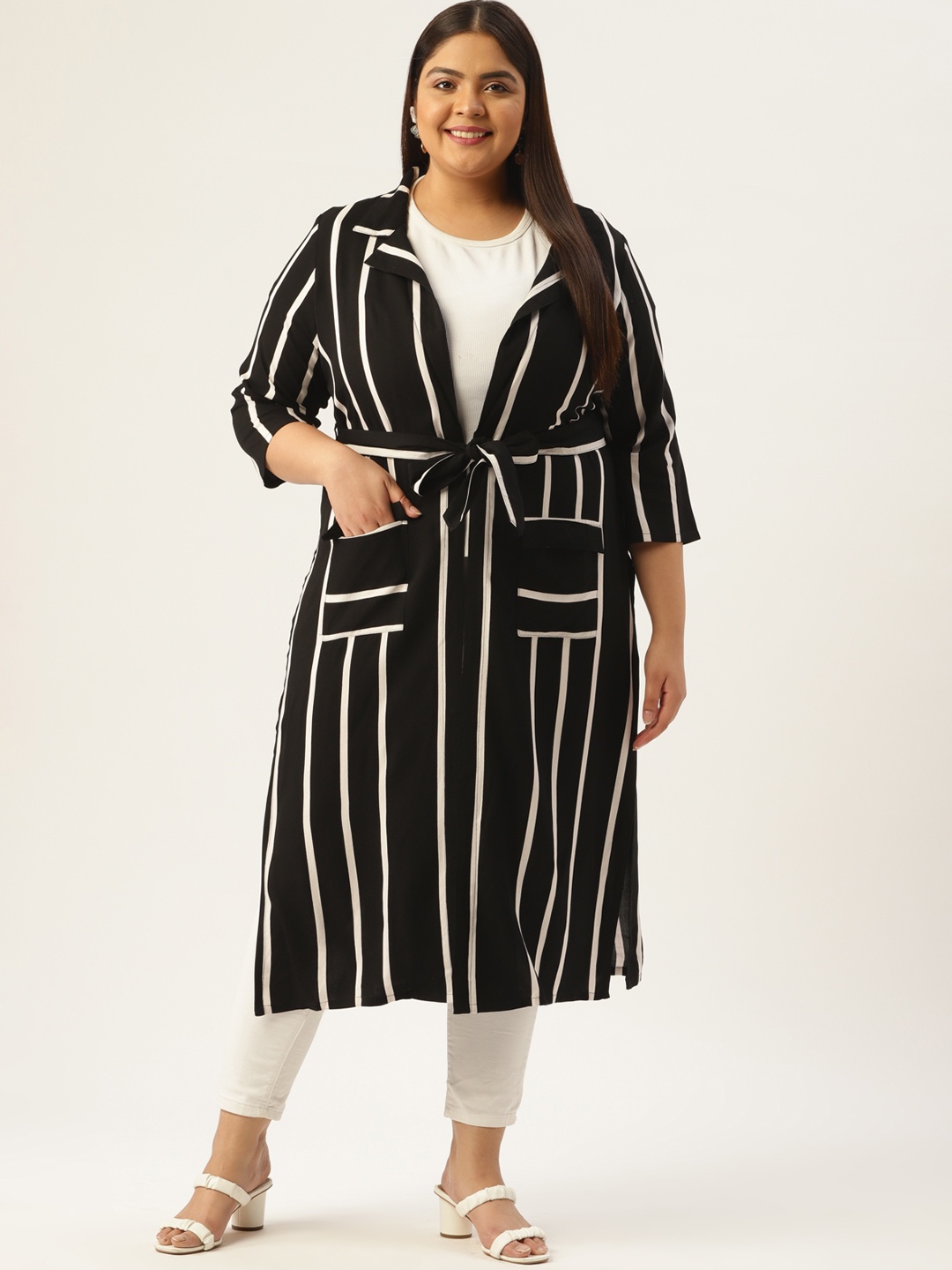 

Amydus Women Plus Size Black & White Striped Shrug