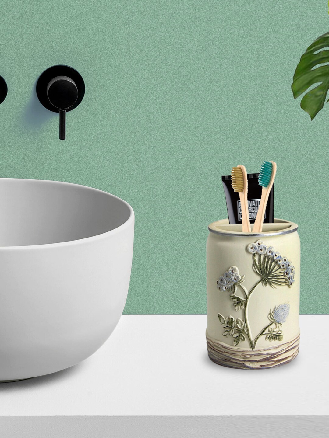 

MARKET99 White Textured Resin Toothbrush Holder 290 Ml, Off white