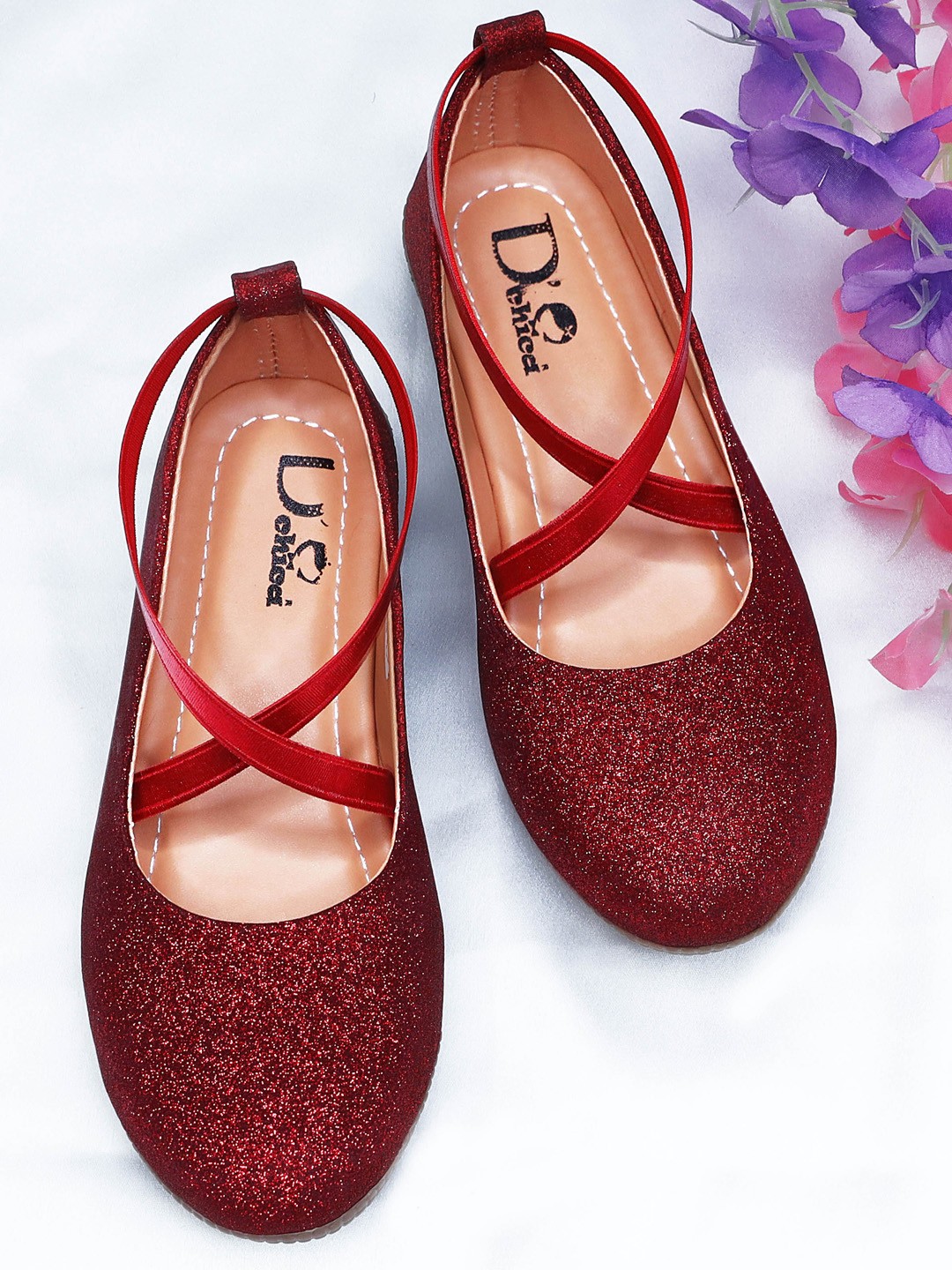 

DChica Girls Red Embellished Criss Cross Party Ballerina Flats