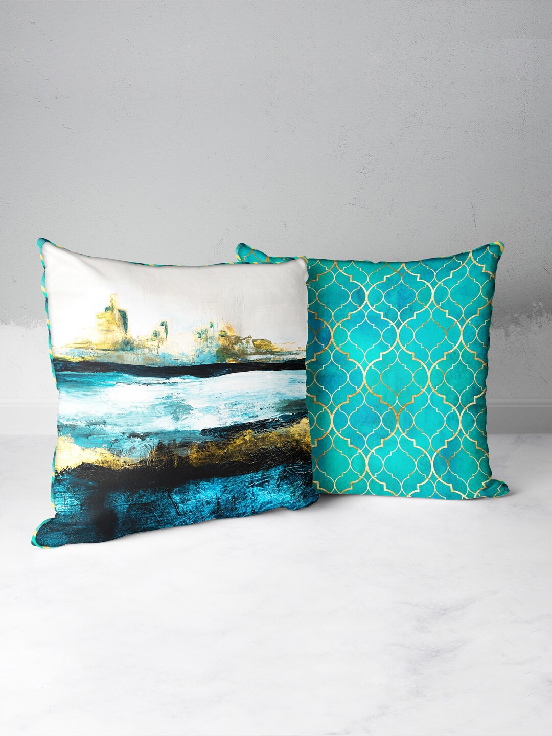 

BIANCA Teal & White Set of 2 Abstract Square Cushion Covers