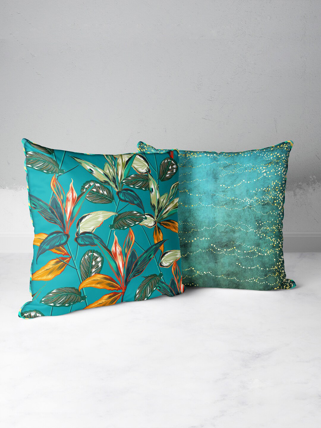 

BIANCA Turquoise Blue & Orange Set of 2 Floral Square Cushion Covers