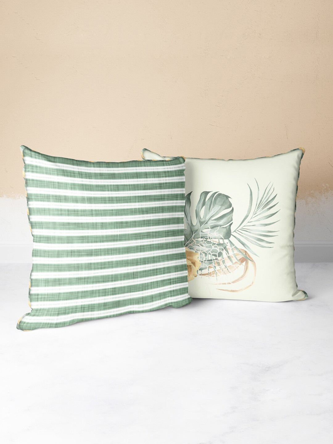 

BIANCA Green & Off-White Set Of 2 Floral Printed Square Cushion Covers