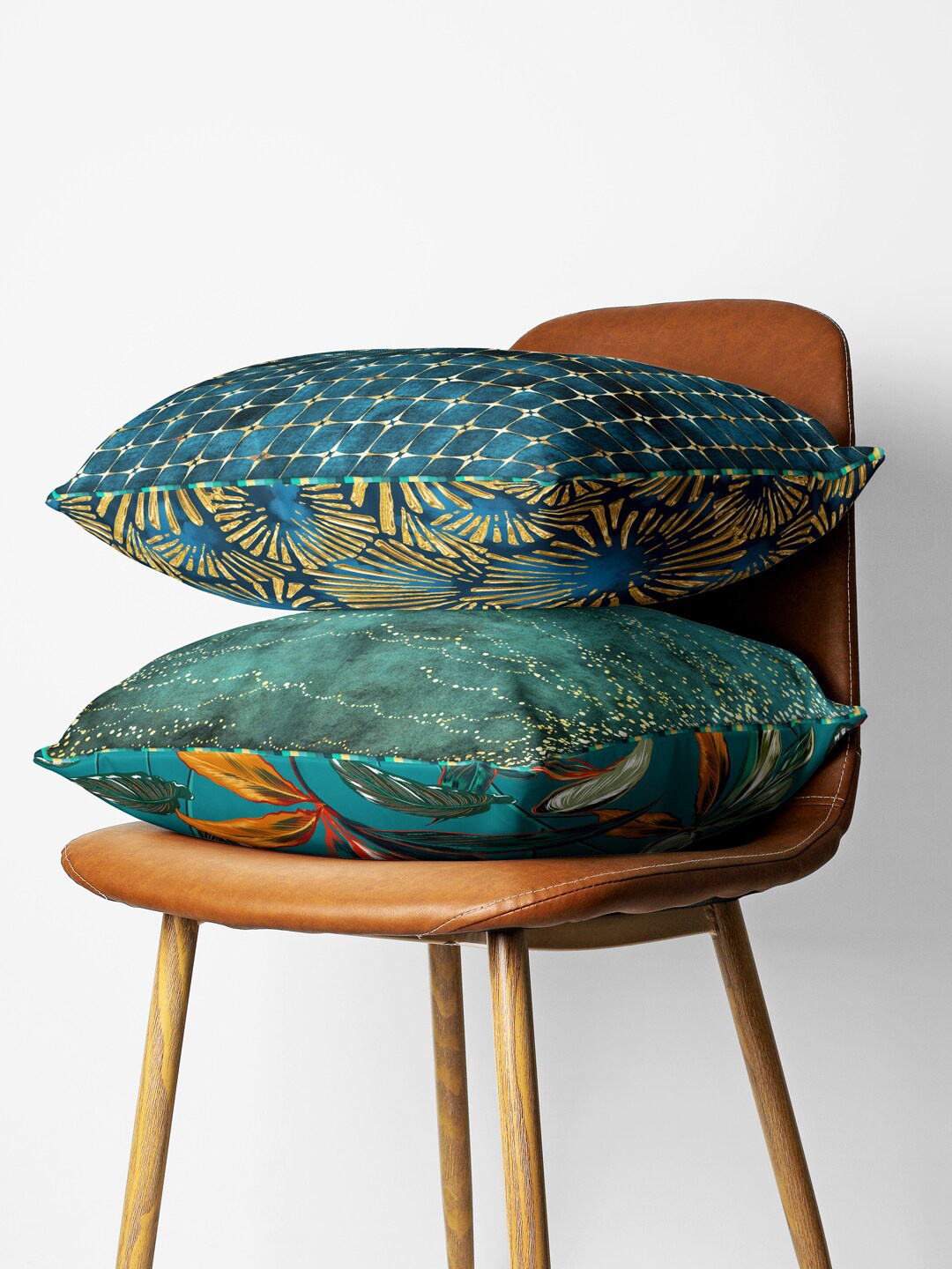 

BIANCA Teal & Gold-Toned Set of 2 Abstract Square Cushion Covers