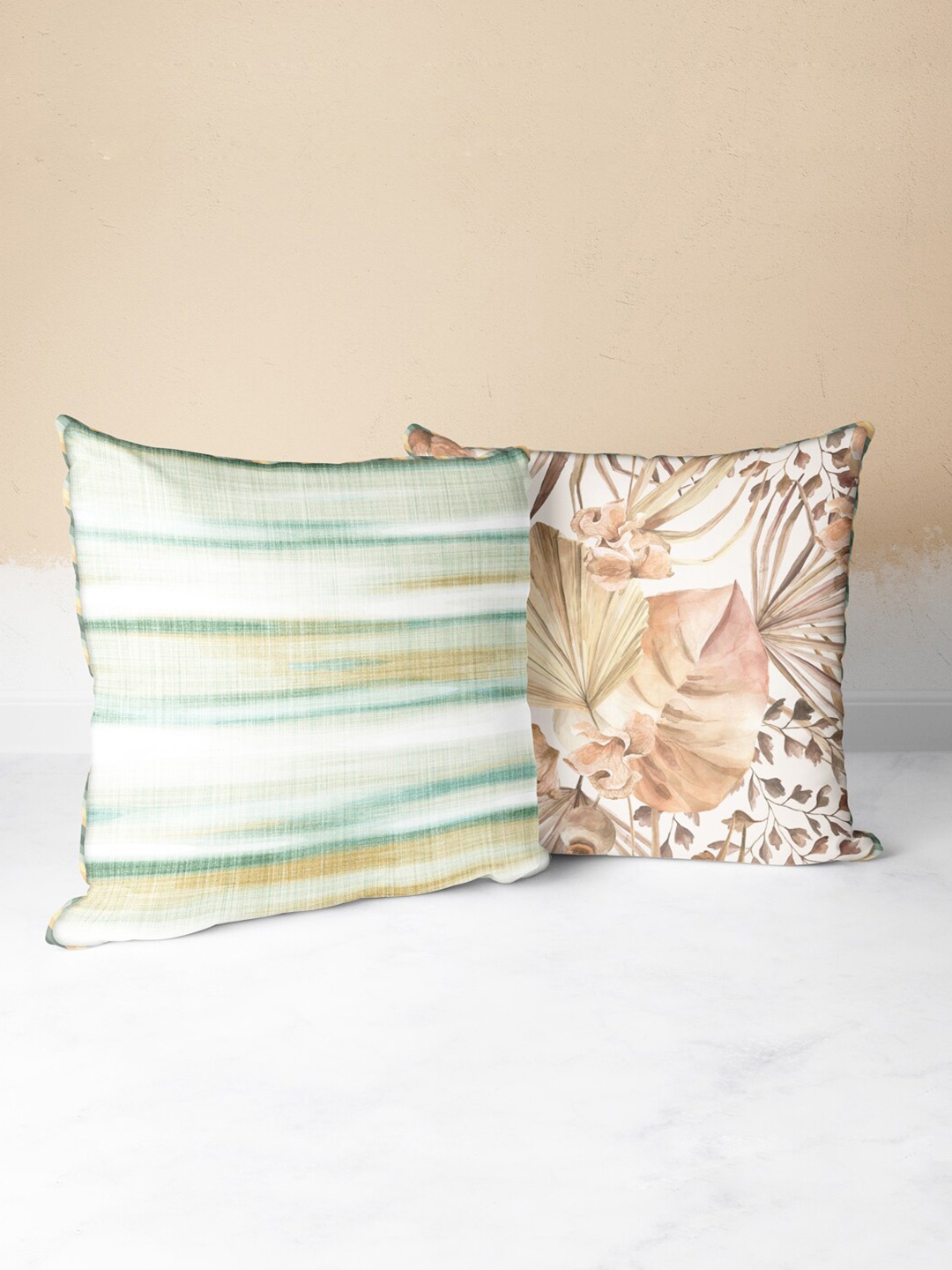 

BIANCA Green & Beige Set of 2 Floral Square Cushion Covers