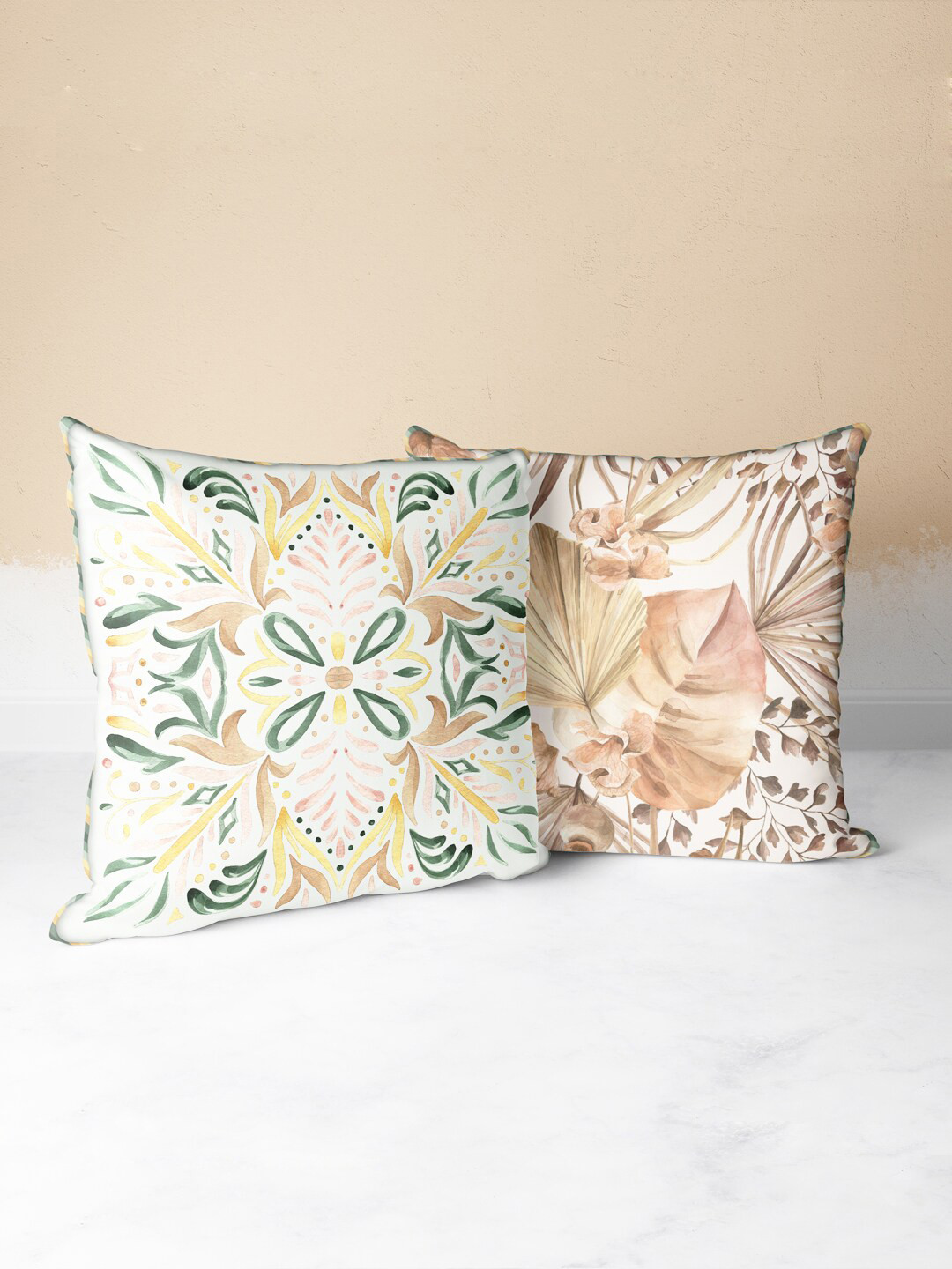 

BIANCA Green & Beige Set Of 2 Floral Printed Square Cushion Covers