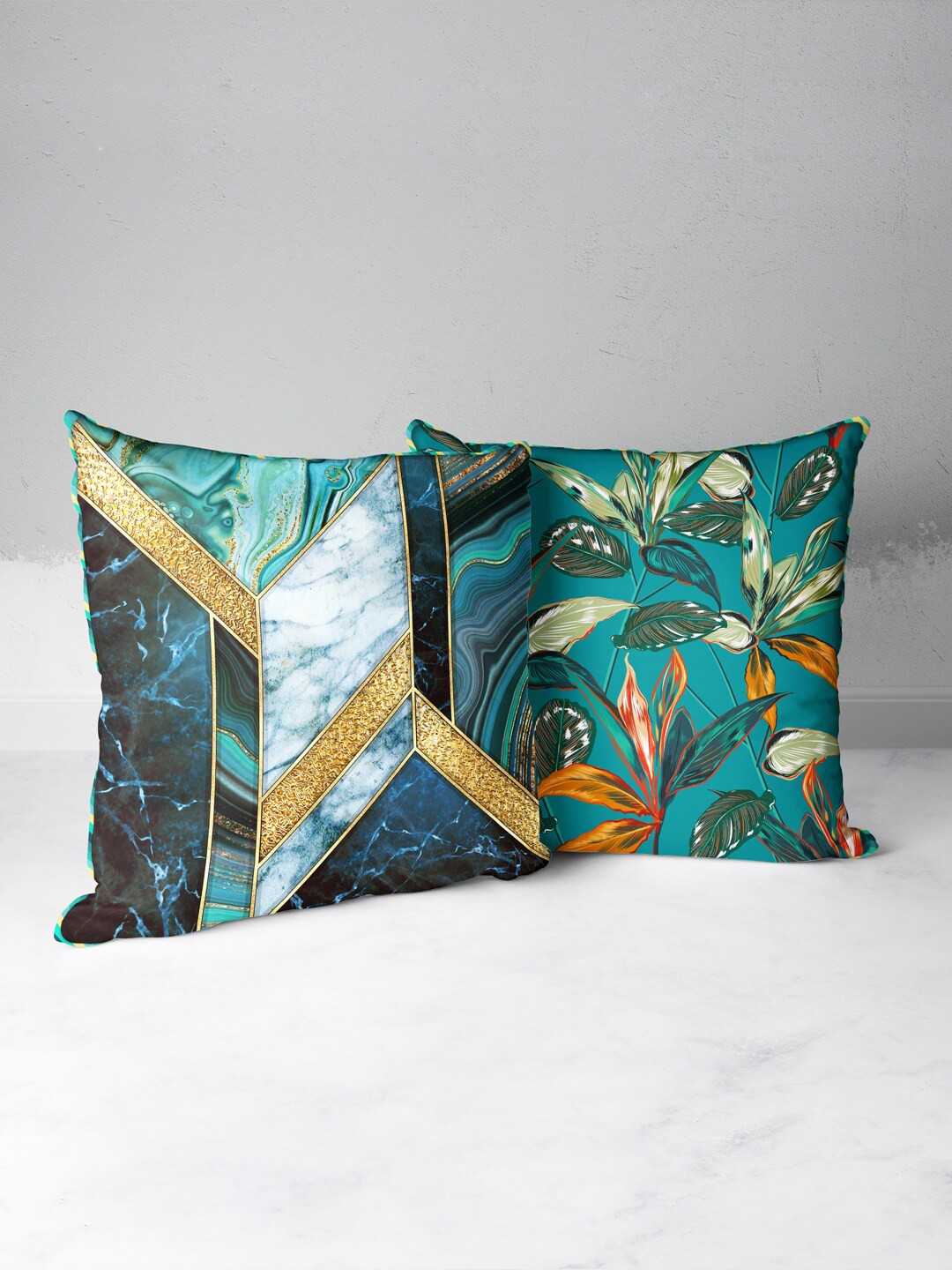 

BIANCA Teal & Gold-Toned Set of 2 Square Cushion Covers