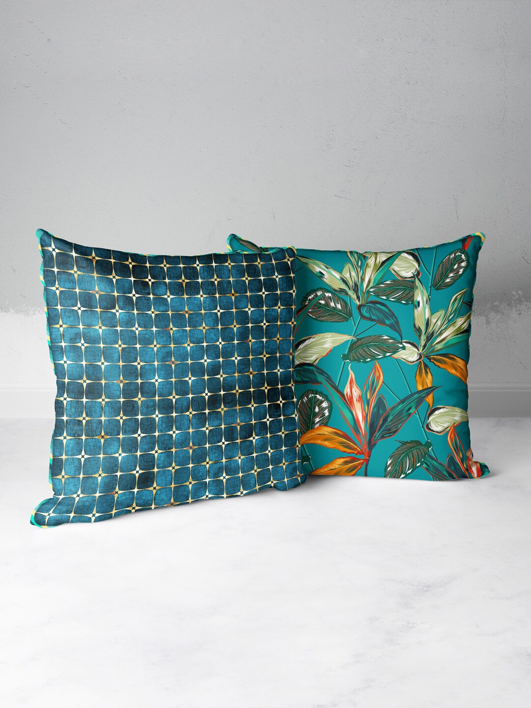 

BIANCA Teal & Orange Set of 2 Floral Square Cushion Covers