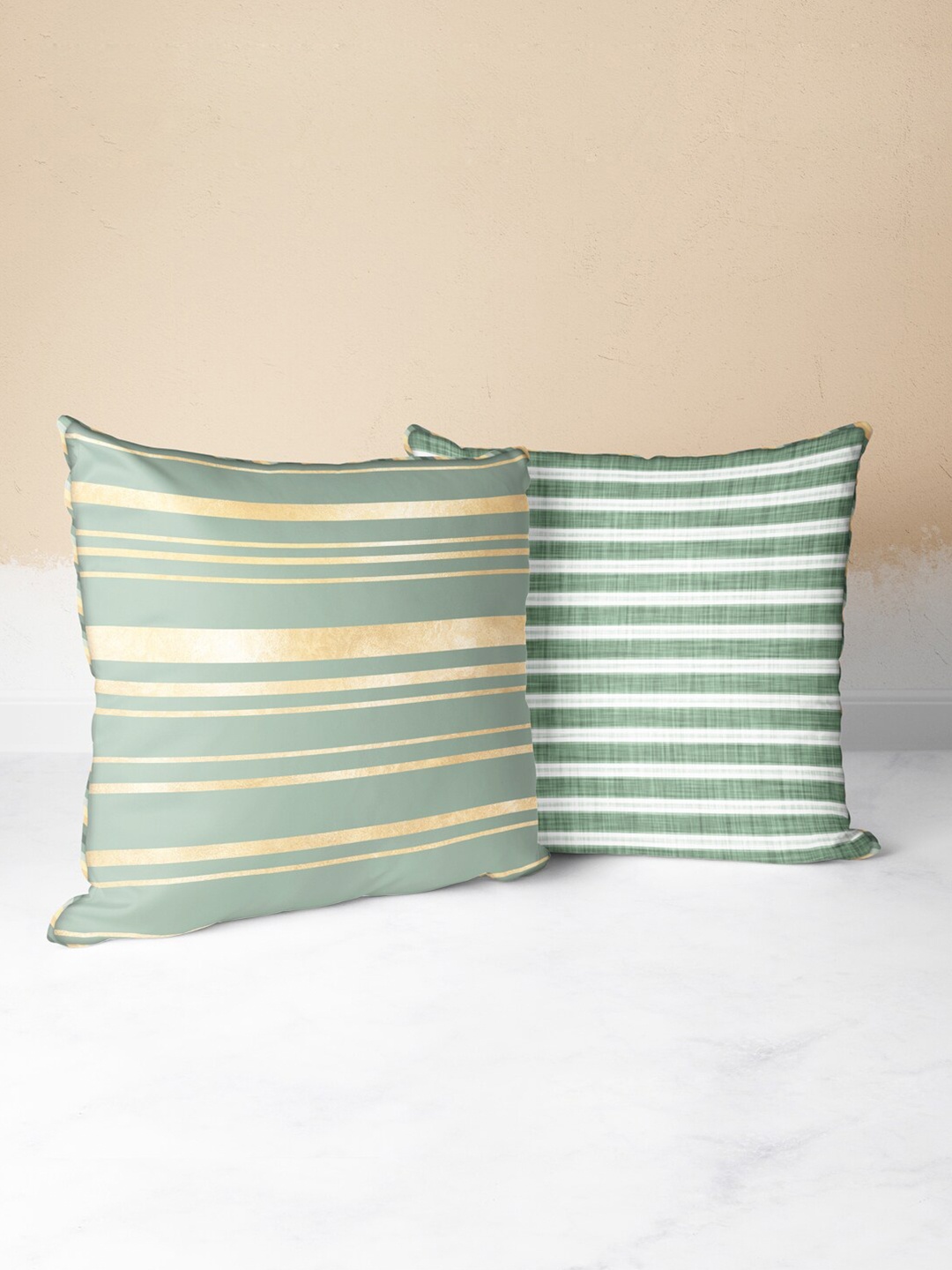 

BIANCA Sage Green & Beige Set of 2 Striped Square Cushion Covers